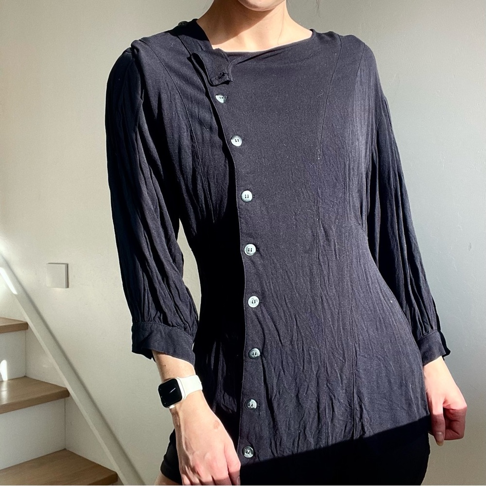 Free People Asymmetric Side Button Front Black Minimal Blouse Tunic Top Size XS